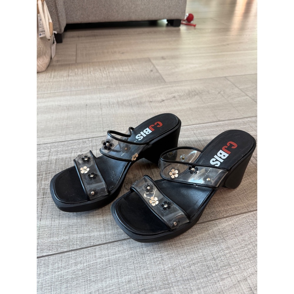 CJ Bis Charles Jourdan Black Floral Clear Strap Platform Wedge Sandals 8 Spain